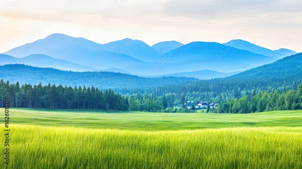Fototapeta premium Rolling Hills and Lush Meadow: Panoramic view of a vibrant green meadow gives way to rolling hills and distant mountains creating a breathtaking, serene landscape.
