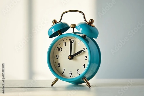 Vintage Blue Retro Alarm Clock Close Up on White Background