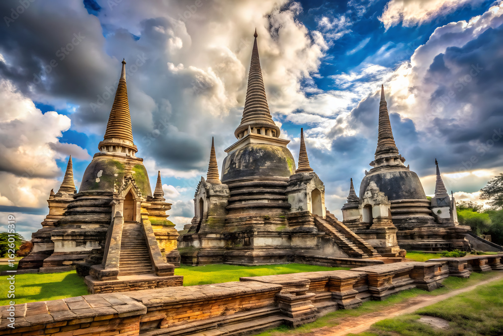 Naklejka premium From below of ancient Wat Phra Si Sanphet Buddhist temple with stupas located against cloudy sky in Ayutthaya in Thailand