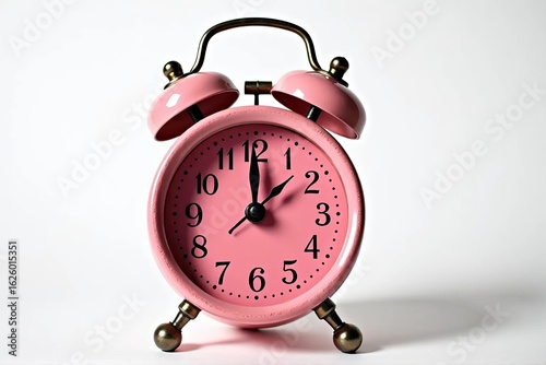 Vintage Pink Retro Alarm Clock Close Up on White Background