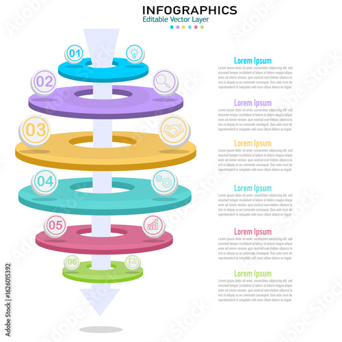 Funnel infographic vector with 6 steps and options. Editable graphic design for workflow, business, and marketing presentations.