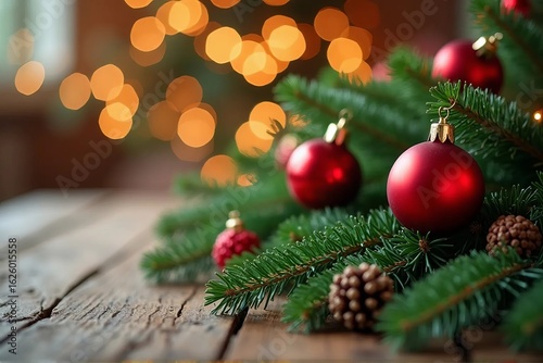 Christmas Tree Branch Close Up with Red Baubles and Warm Lights