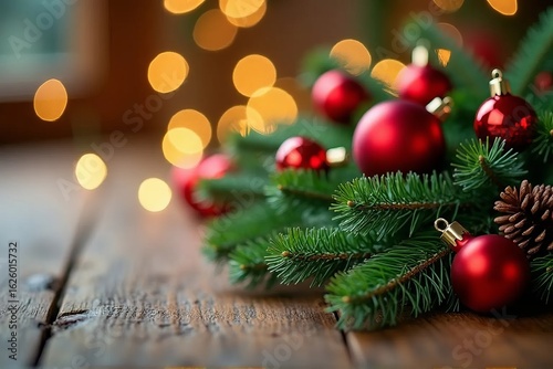 Christmas Tree Branch Close Up with Red Baubles and Warm Lights