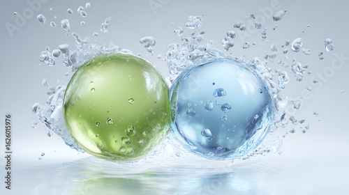 two translucent spheres, one green and one blue, are captured in a dynamic splash of water