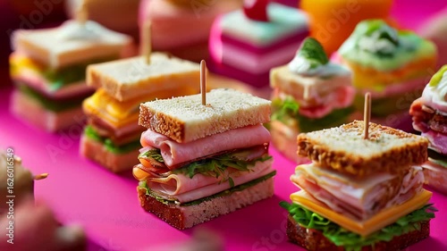 Delicious bite-sized sandwiches prepared for a colorful party display in a vibrant setting