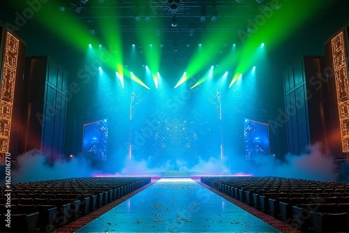 Vibrant Stage Background with Green Spotlights and Glitter Effects