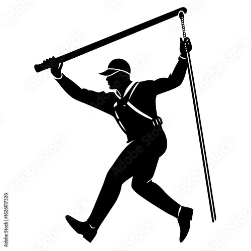 Black silhouette man on rope with cleaning tool worker