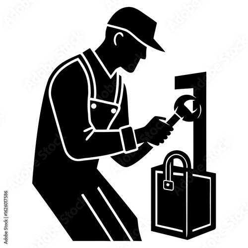 Black silhouette of a person working on a lock locksmith
