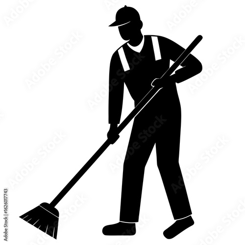 Black silhouette of person sweeping with broom street sweeper