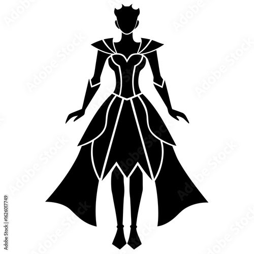 Black silhouette of woman in ornate gown and crown