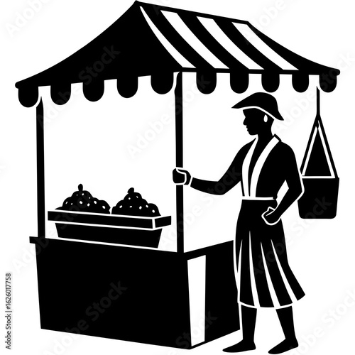 Black silhouette of vendor at striped market stall