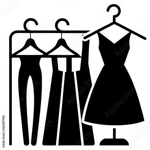 Black vector clothing rack with dresses and mannequin