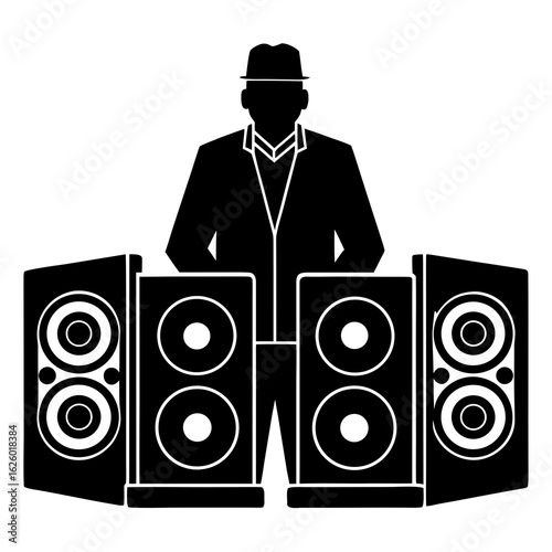 Man with speakers black vector silhouette audio