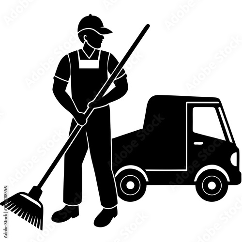 Sweeper with broom and truck worker cleaning