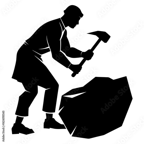 Stone mason working with hammer and chisel chiseling