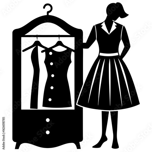 Woman choosing dress from wardrobe silhouette black