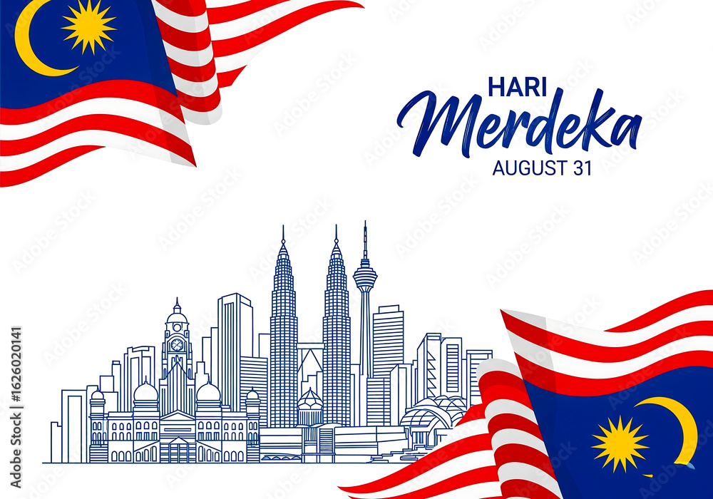 Fototapeta premium Celebrate malaysia s independence day with a vibrant depiction of the kuala lumpur skyline and national flags waving proudly