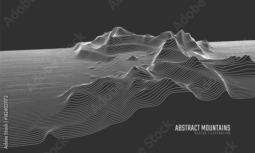 Contour mountain landscape. Waved line art. Abstract minimal topographic map. Contour lines with elevations and terrain depth. Vector illustration.