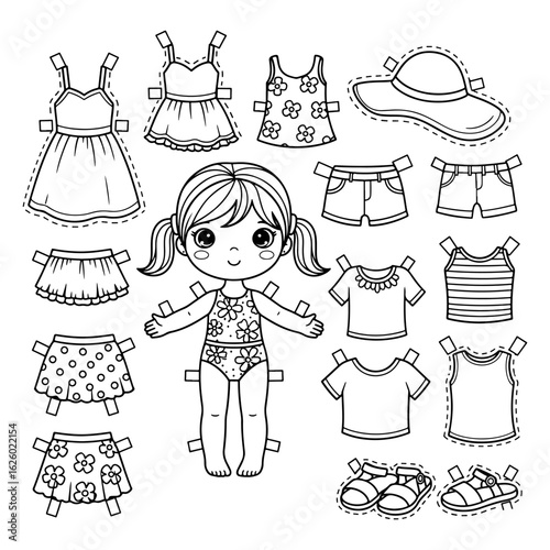 Paper Doll Girl With Summer Clothes And Accessories Coloring Book Page child drawing