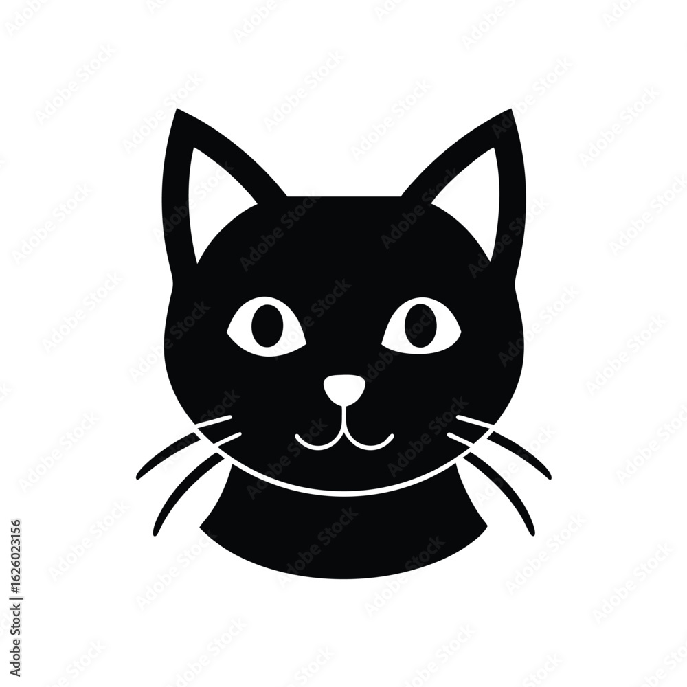 A minimalist black cat face with large white eyes, a white nose, and white whiskers on a white background. A minimalist black cat face with large white eyes, a white nose, and white whiskers on a white background.