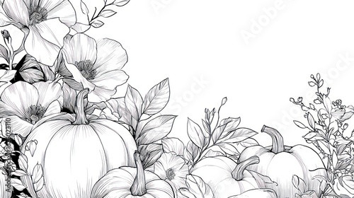 Floral and pumpkin sketched artwork with leaves forming a corner decorative arrangement