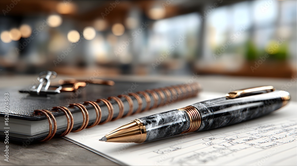 Naklejka premium Stylish pen resting on a notebook.