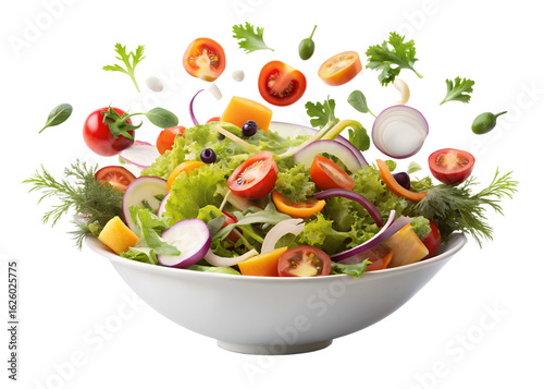 Fresh vegetable salad with tomatoes, lettuce, onion, cucumber and bell pepper in a bowl, isolated on transparent background
