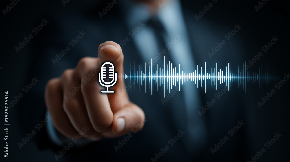 custom made wallpaper toronto digitalFinger Tapping Screen with Microphone and Soundwave Icon for Voice Interaction and Audio Technology. Used in voice assistants, podcasts, smart devices, digital communications