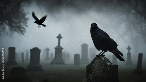 Eerie cemetery ambiance with a lone raven perched atop a tombstone in thick fog and several flying