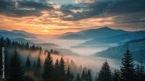 Misty mountain sunrise landscape