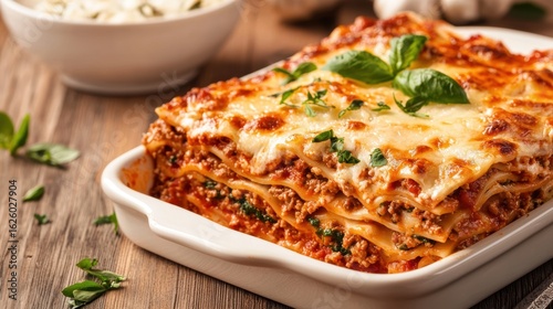 A delicious lasagna layered with meat, cheese, and herbs, served in a white dish on a wooden table, garnished with fresh basil.