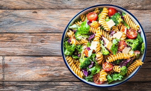 A colorful bowl of pasta salad featuring fusilli, cherry tomatoes, broccoli, and fresh greens on a rustic wooden table.