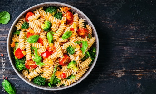 A colorful pasta dish with broccoli, cherry tomatoes, and fresh basil, served in a bowl on a wooden table.