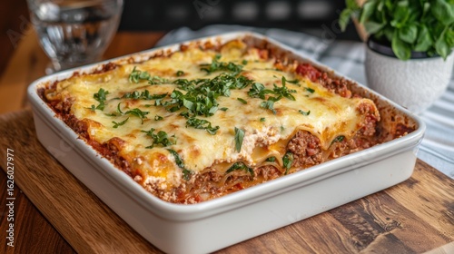 A delicious lasagna topped with melted cheese and fresh herbs, served in a white baking dish on a wooden surface.