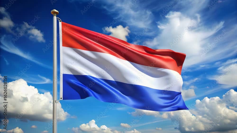 Netherlands flag waving against a bright blue cloudy sky