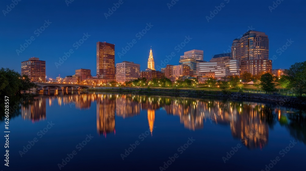 Naklejka premium City skyline at twilight reflected in water