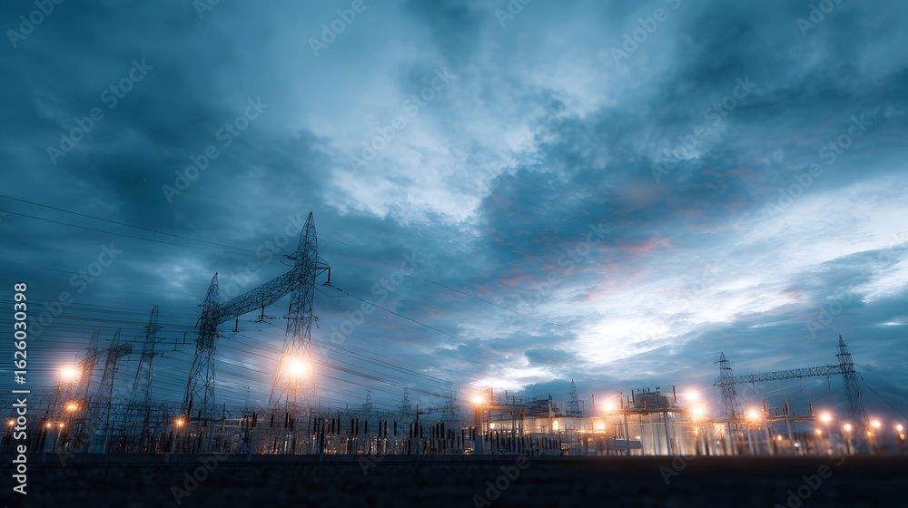 Naklejka premium Dramatic nighttime landscape of an electric power station with high voltage transmission lines