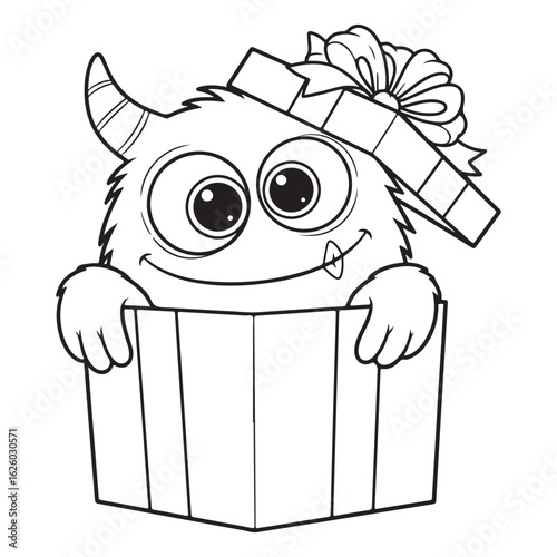 Cartoon monster popping out of a present box outline image colouring page