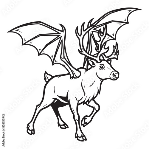 Illustration of a winged deer with antlers in black and white colouring page