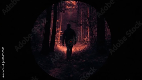 Eerie encounter in the forest through sniper scope, mystery and suspenseful stalking scene