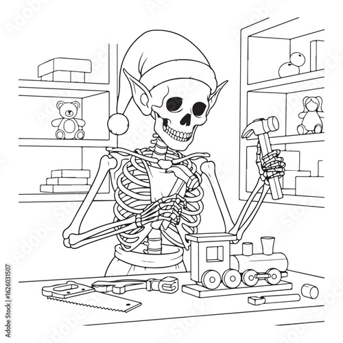 Skeleton elf making toys with hammer and saw on work table colouring page