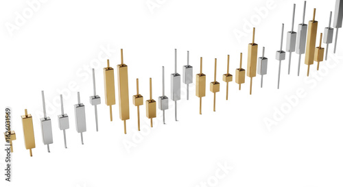 Realistic 3D metallic candlestick stock chart showing an upward trend on a white background.