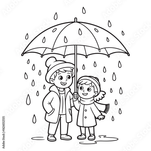 Children sharing an umbrella in the rain coloring page art colouring page
