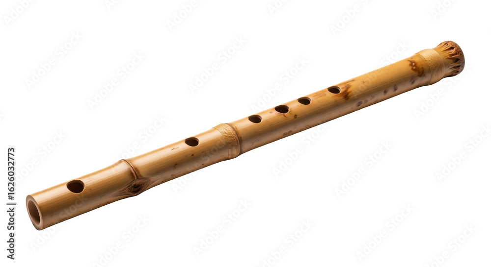 Naklejka premium A traditional bamboo flute with finger holes photographed horizontally on a clean white background.
