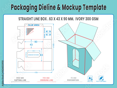 Packaging Dieline and Mockup Template. Paper Document Box. Dieline Real Shape and Dimension. Mockup Template. Fully editable vector. Equipped die cut lengths prepared for production.