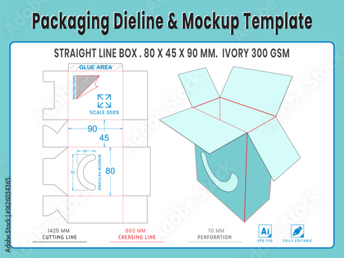 Packaging Dieline and Mockup Template. Paper Document Box. Dieline Real Shape and Dimension. Mockup Template. Fully editable vector. Equipped die cut lengths prepared for production.