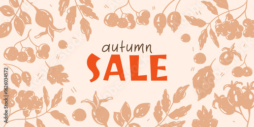 Hand-drawn horizontal advertising banner for the autumn sale. Modern autumn background painted with children's crayons