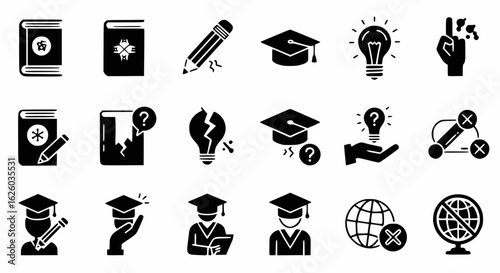 Set of education and learning vector icons in black and white, featuring books, graduation caps, pencils, students, and light bulbs.