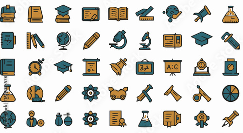 collection of education and science flat icons, featuring graduation cap, book, diploma, and laboratory equipment.