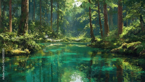 Lush emerald forest stream. Sunlight filters through trees. Tranquil, crystal clear water reflects surroundings